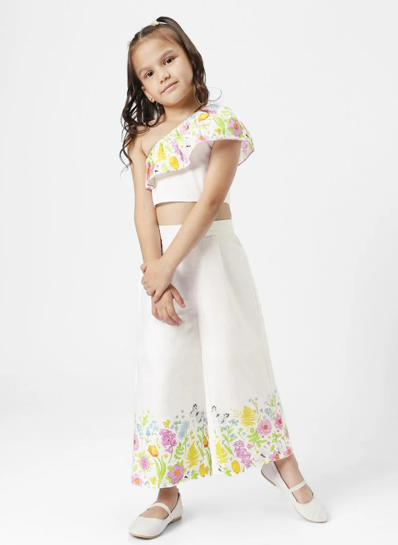 Girls' Cotton Blend Floral Printed One Shoulder Ruffled Top with Trousers Co-ord Set